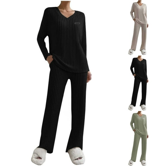 Miluxas Women's 2 Piece Outfits Solid Color Casual V Neck Knit Wide Leg Sweater Lounge Set Sweatsuit Black XL(XL)
