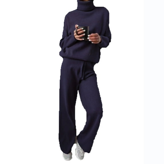 Miluxas Women's 2 Piece Outfits Solid Color Sweater Knit Set Wide Leg Pants High Neck Sweatsuit Loungewear Dark Blue 10(XL)