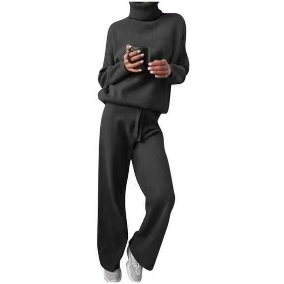 Miluxas Women's 2 Piece Outfits Solid Color Sweater Knit Set Wide Leg Pants High Neck Sweatsuit Loungewear Dark Gray XXL