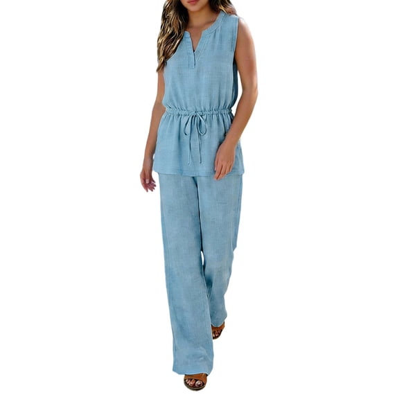 Miluxas Women's 2 Piece Outfits V Neck Sleeveless Drawstring Waist Tunic Tops and Wide Leg Pants Spring Summer Casual Outfits Light Blue