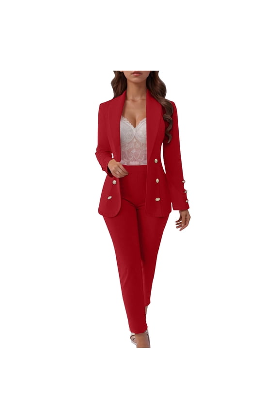 Women's 2 Piece Suit Lapel Button Cardigan Slim Fit Business office Work Blazer Pants Fashion Solid Set Red 4(S)
