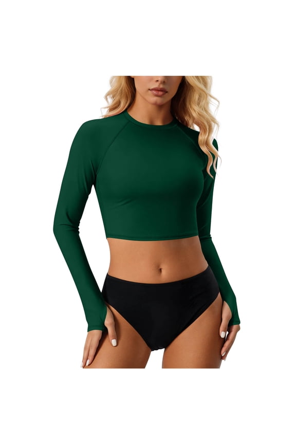 Women's 2 Piece Swimsuit Sets Long Sleeve Rash Guard Swimsuit Crop Top and Black Bikini Bottoms Sun Protection Bathing Suit Green