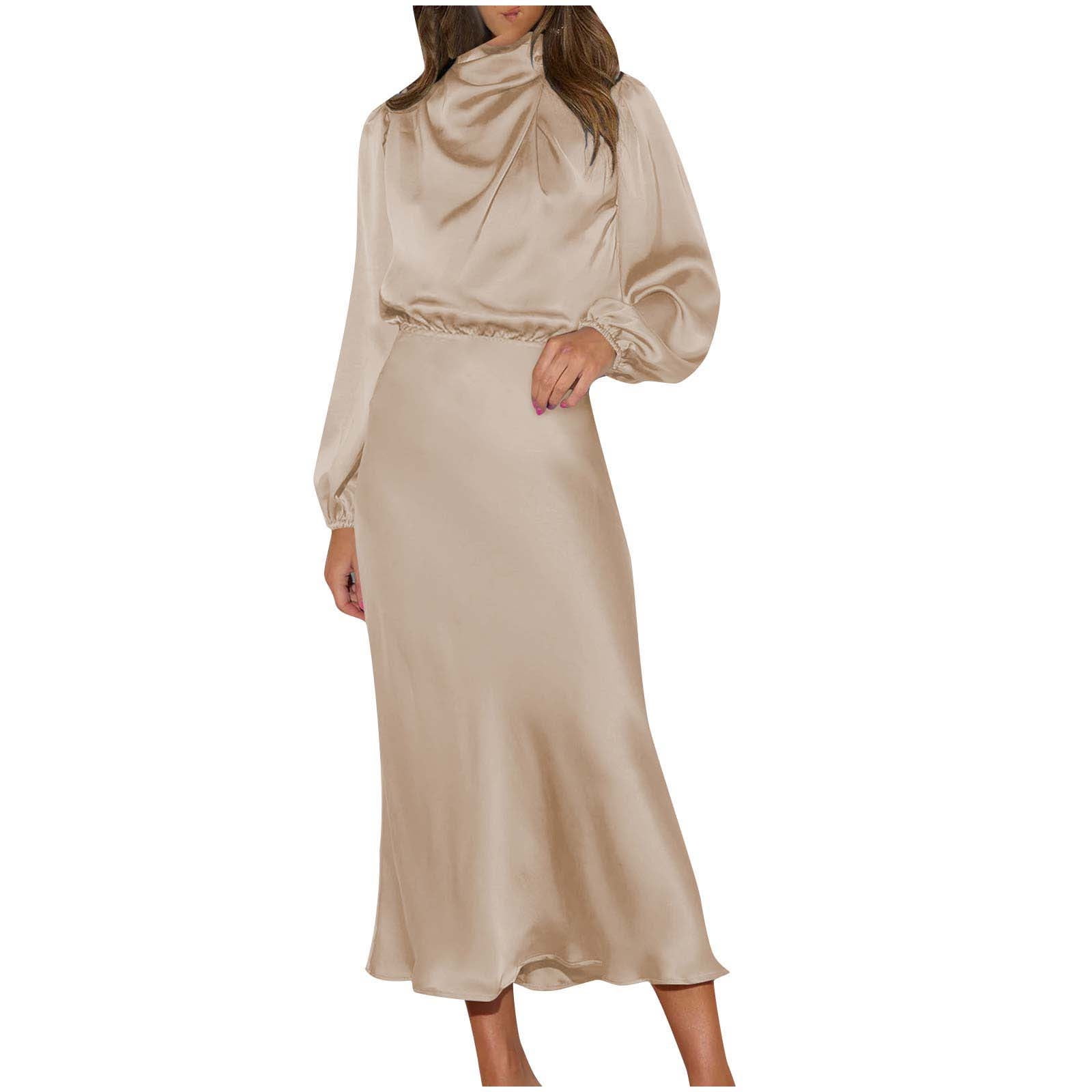 Miluxas Women's Fall Satin Dress Long Sleeve Waist Elegant Cocktail Party Long  Dresses Beige 6(M) - Walmart.com