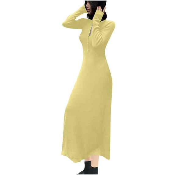 Miluxas Women's 2024 Long Sleeve Bodycon Sweater Dress Clearance Fall Crew Neck Ribbed Knit Maxi Dresses Yellow 4(S)