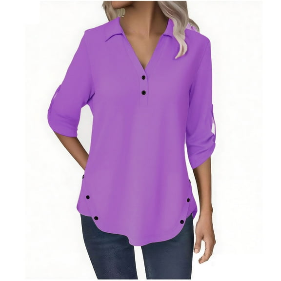 Miluxas Women's 3/4 Length Rolled Sleeve Tunic Tops Collared V Neck T Shirts Both Side Buttons Blouses Purple L(L)