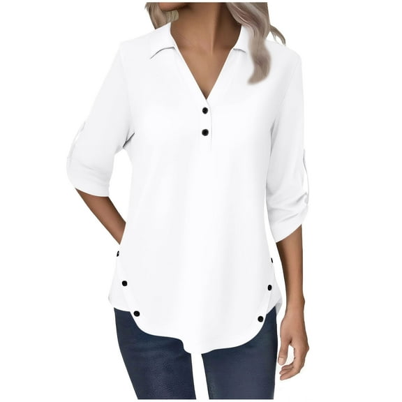 Miluxas Women's 3/4 Length Rolled Sleeve Tunic Tops Collared V Neck T Shirts Both Side Buttons Blouses White S(S)