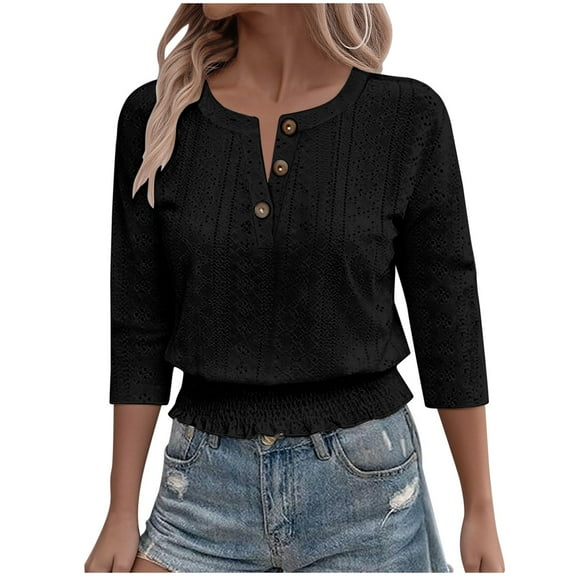 Miluxas Women's 3/4 Sleeve Solid Color Casual Tops Solid Color V Neck Loose Fit Shirts Black M(M)