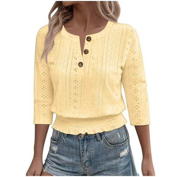 Miluxas Women's 3/4 Sleeve Solid Color Casual Tops Solid Color V Neck Loose Fit Shirts Yellow S(S)