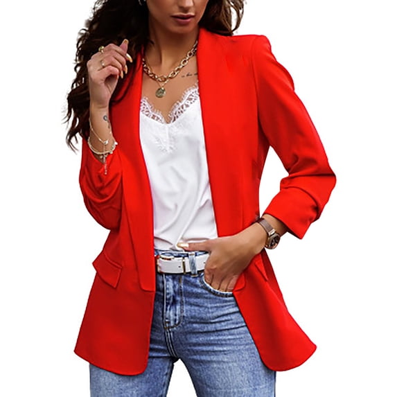 Miluxas Women's 3/4 Stretchy Ruched Sleeve Open Front Lightweight Work office Blazer Jackets Red 4(S)