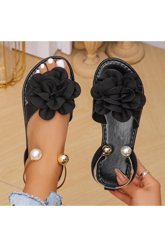 Women's 3D Flower Sandals Dressy Cute Boho Ankle Strap Open Toe Vacation Summer Slides Shoes Black 9.5(43)