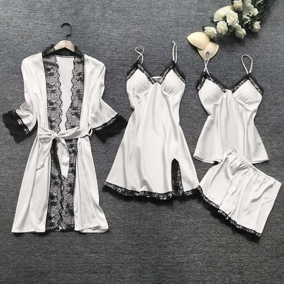 Miluxas Women's 4pcs Sleepwear Satin Floral Lace Trim Cami Pajama Set with Robe White 10(XL)