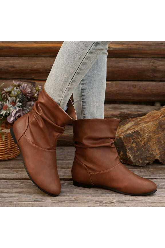 Women's Ankle Booties - Low Heel Round Toe Casual Boots, Comfortable Slip-On Flat Boots for Everyday Wear Brown 8.5(41)
