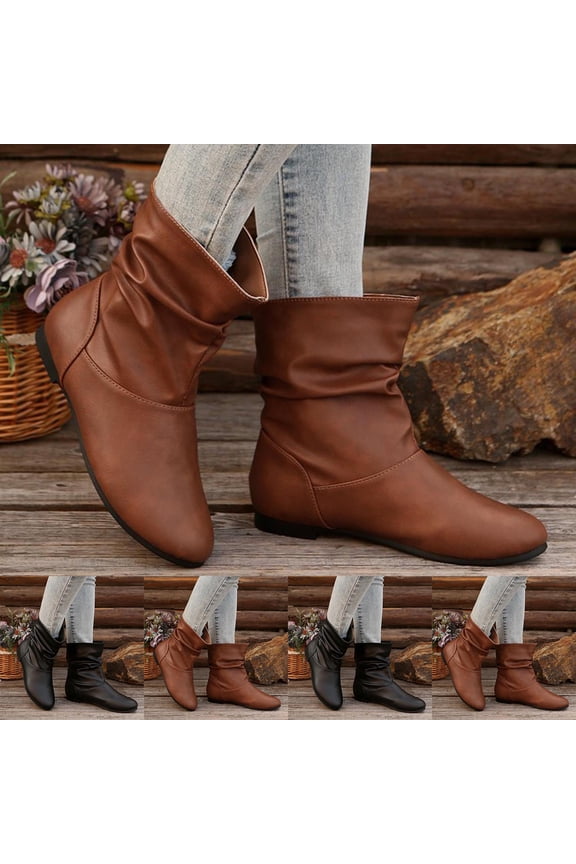 Women's Ankle Booties - Low Heel Round Toe Casual Boots, Comfortable Slip-On Flat Boots for Everyday Wear Brown 9(42)
