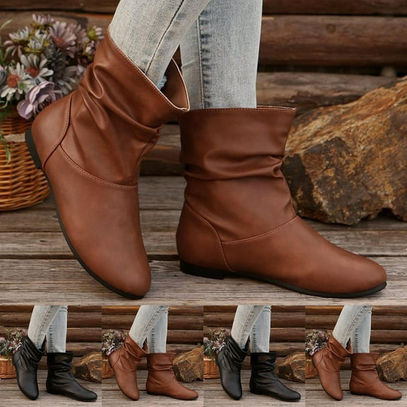 Miluxas Women's Ankle Booties - Low Heel Round Toe Casual Boots, Comfortable Slip-On Flat Boots for Everyday Wear Brown 9(42)