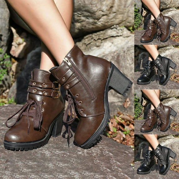Miluxas Women's Ankle Booties Side Zipper Boots Round Toe Chunky Mid Heel Fashion Buckles Lace up Biker Riding Boots Coffee 9(42)