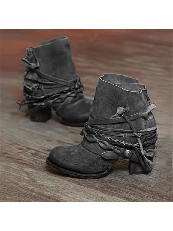 Women's Ankle Boots, Chunky Heel Behind Zipper Fashion Slip On Short Booties Gray 8.5(41)
