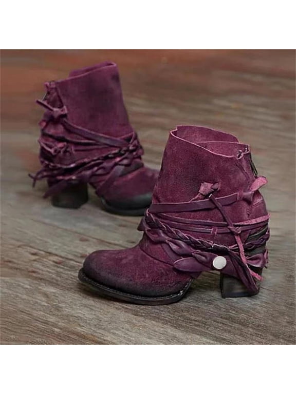 Women's Ankle Boots, Chunky Heel Behind Zipper Fashion Slip On Short Booties Purple 7.5(40)