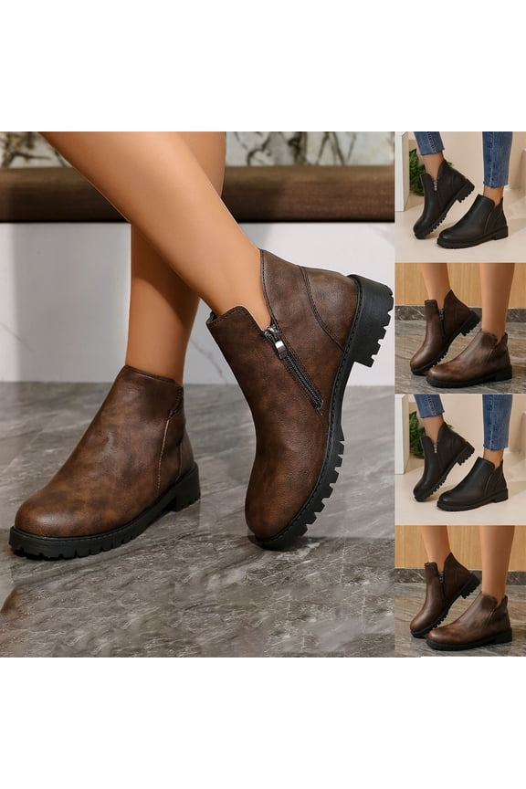Women's Ankle Boots, Classic Low Heeled Side Zipper Short Booties, Solid Color Temperament Casual Comfortable Boots Brown 9.5(43)