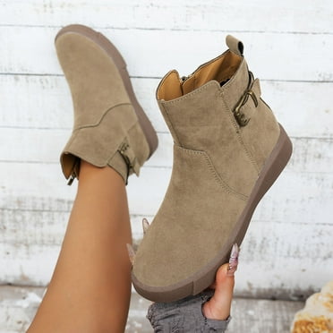 Miluxas Women's Ankle Boots Clearance Chunky Low Heel Fashion Round Toe Buckle Booties Khaki 7.5(40)