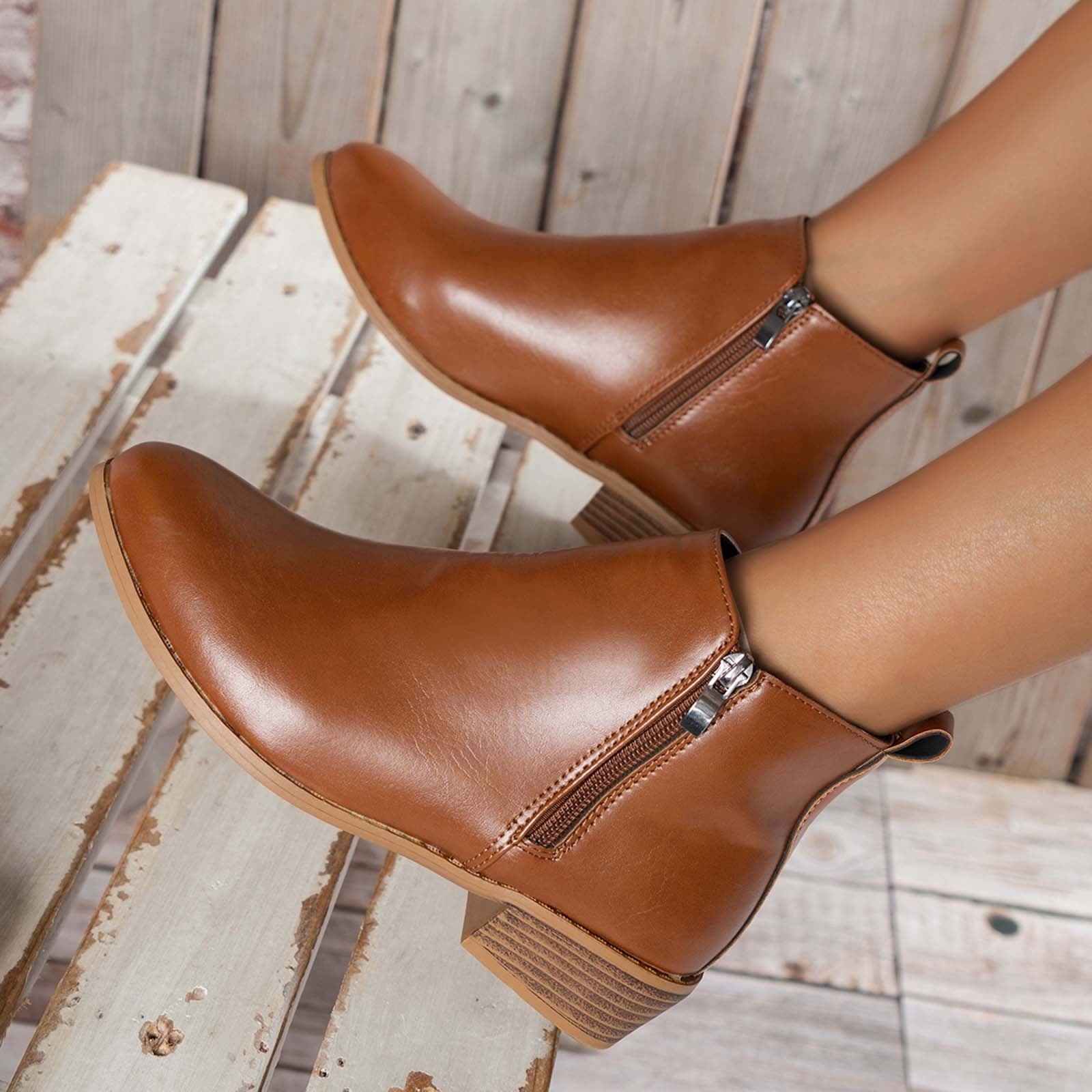 Miluxas Women's Ankle Boots Short Chelsea Booties for Women Low Heel with Zip Brown 7(39)