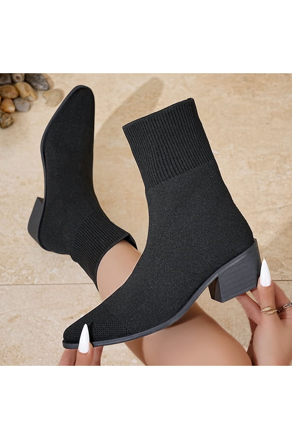 Women's Ankle Boots Comfortable Pointed Toe Breathable Sock Knit Low Heel Fall Work office Booties Black 6(37)