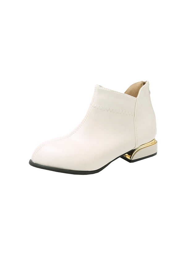 Women's Ankle Boots Low Chunky Heel Pointed Toe Casual Comfortable Leather Short Booties with Back Zipper White 5.5(36)