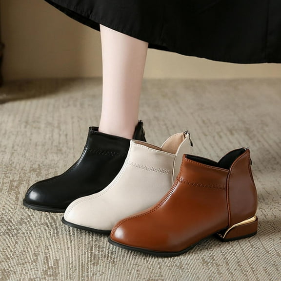 Miluxas Women's Ankle Boots Low Chunky Heel Pointed Toe Casual Comfortable Leather Short Booties with Back Zipper White 9.5(43)