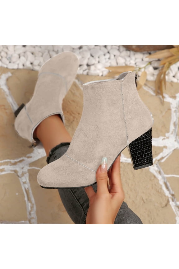 Women's Ankle Boots Low Heel Short Booties Casual Chunky Heel Round Toe Short Boots with Zipper White 5.5(36)