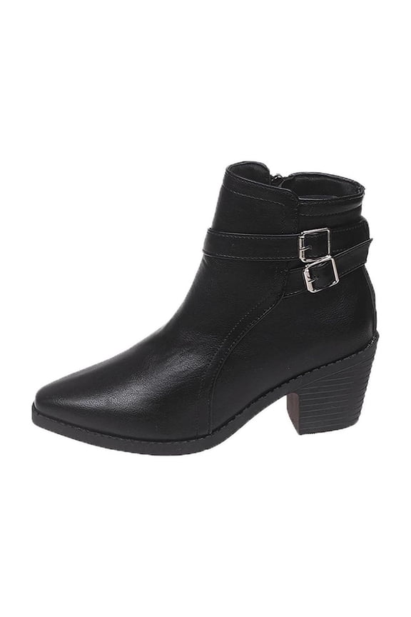 Women's Ankle Boots Mid Chunky Heel Pointed Toe Short Booties Side Zipper Belt Buckle Faux Leather Dress Fall Winter Fashion Shoes Black 6.5(38)