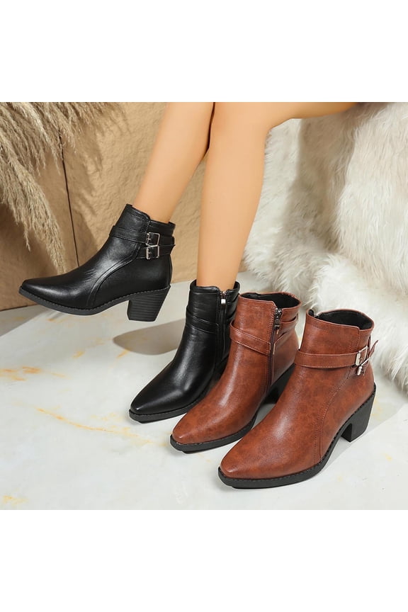Women's Ankle Boots Mid Chunky Heel Pointed Toe Short Booties Side Zipper Belt Buckle Faux Leather Dress Fall Winter Fashion Shoes Brown 9.5(43)