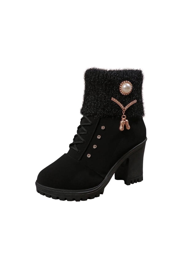 Women's Ankle Boots Mid Chunky Heeled Booties Casual Comfortable Fleece Fall Winter Round Toe Short Boots for Women Black 7(39)