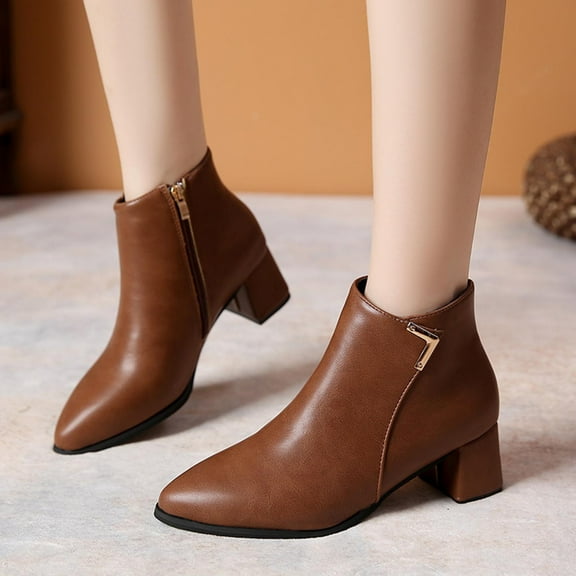 Miluxas Women's Ankle Boots Pointed Toe Chunky Low Heeled Short Booties Comfort Casual Shoes Brown 6(37)