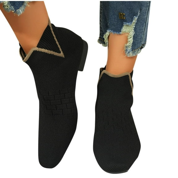 Miluxas Women's Ankle Boots Pull on Chelsea Slip on Short Square-toe Booties Lady Dress Blazer Skirt Jeans Winter Fall Knit Ankle Boots Black 5.5(36)