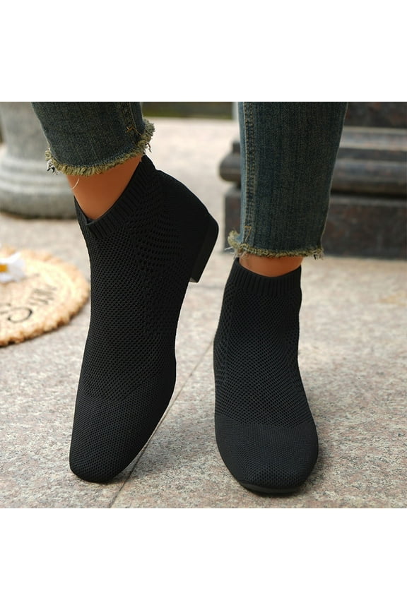 Women's Ankle Boots Pull on Chelsea Slip on Short Square-toe Booties Lady Dress Blazer Skirt Jeans Winter Fall Knit Ankle Boots Black 8.5(41)