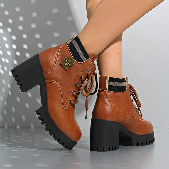 Miluxas Women's Ankle Boots Thick Mid Heel Lace Up Round Toe Platform Ankle Booties Solid Comfortable Combat Boots Brown 6(37)