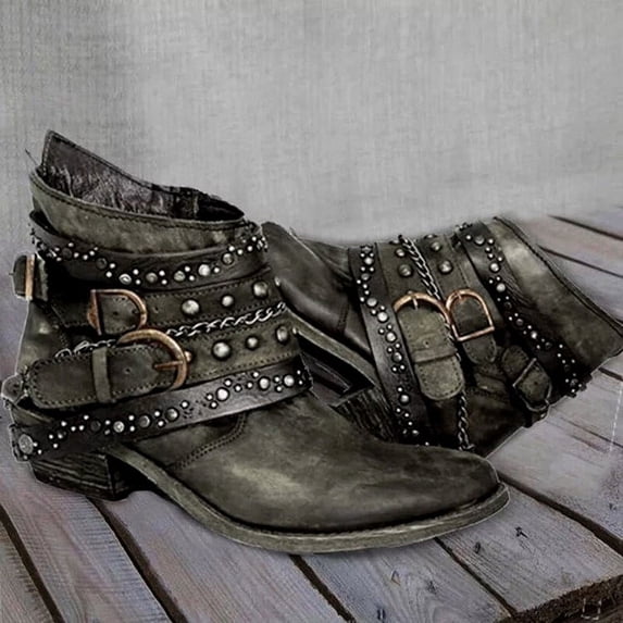 Miluxas Women's Ankle Boots Western Rivet Buckle Booties Texture Patchwork Chelsea Style Bootie Army Green 6(37)