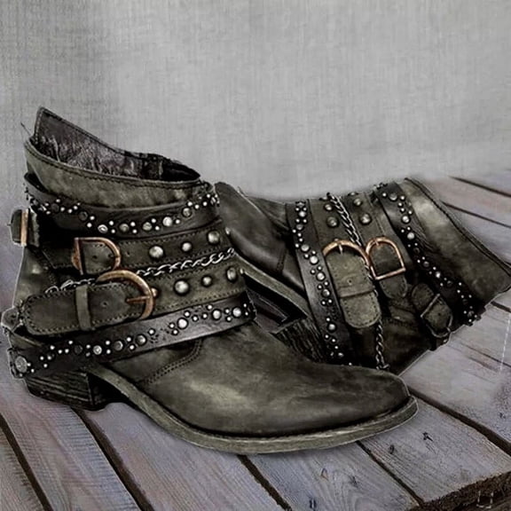 Miluxas Women's Ankle Boots Western Rivet Buckle Booties Texture Patchwork Chelsea Style Bootie Army Green 6.5(38)