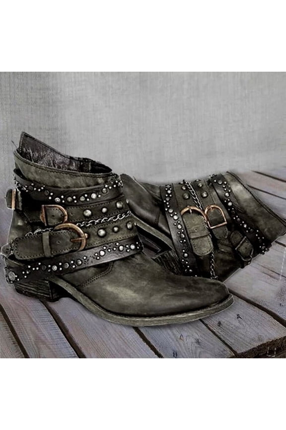 Women's Ankle Boots Western Rivet Buckle Booties Texture Patchwork Chelsea Style Bootie Army Green 7(39)