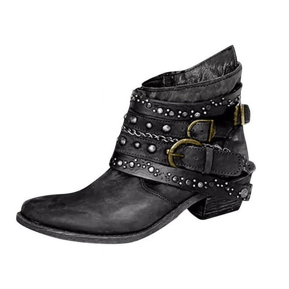 Miluxas Women's Ankle Boots Western Rivet Buckle Booties Texture Patchwork Chelsea Style Bootie Black 7(39)