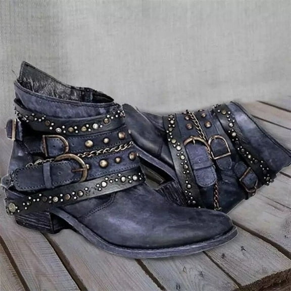 Miluxas Women's Ankle Boots Western Rivet Buckle Booties Texture Patchwork Chelsea Style Bootie Dark Blue 7.5(40)