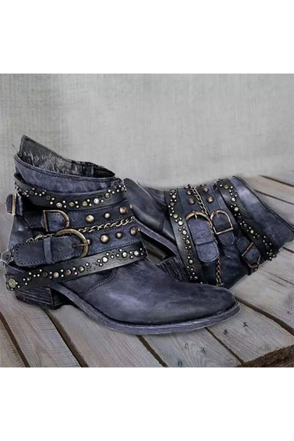 Women's Ankle Boots Western Rivet Buckle Booties Texture Patchwork Chelsea Style Bootie Dark Blue 7.5(40)
