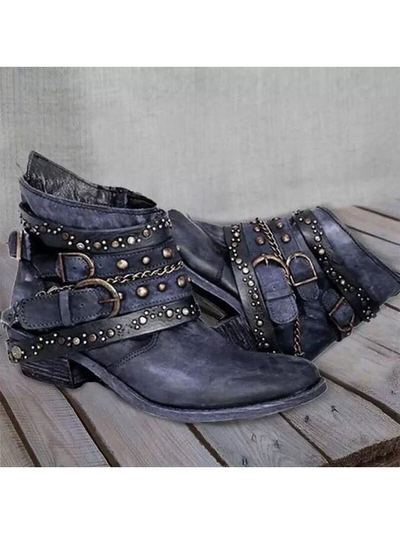 Women's Ankle Boots Western Rivet Buckle Booties Texture Patchwork Chelsea Style Bootie Dark Blue 7.5(40)