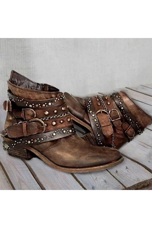 Women's Ankle Boots Western Rivet Buckle Booties Texture Patchwork Chelsea Style Bootie Gold 6.5(38)
