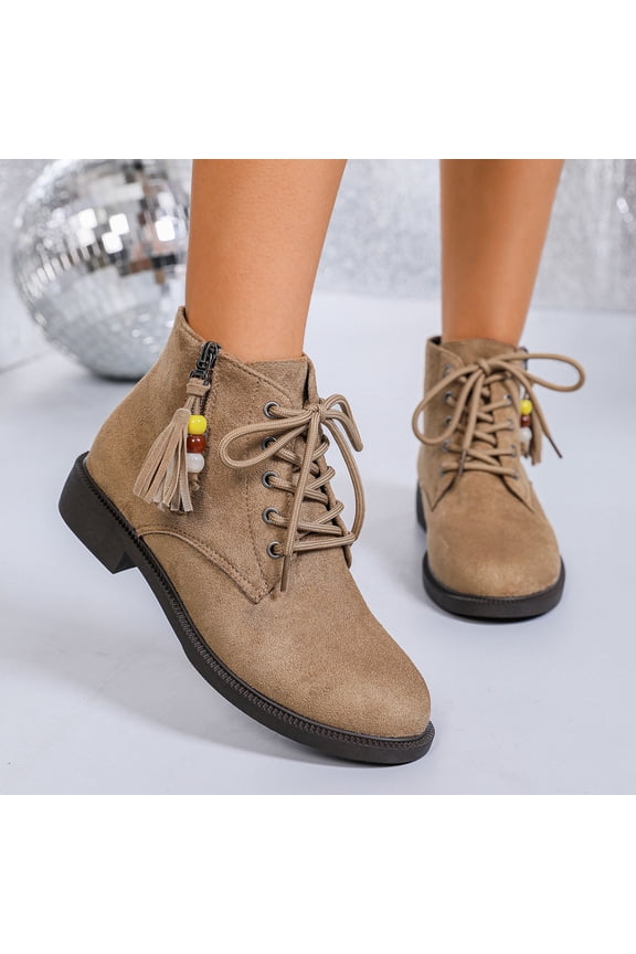 Women's Ankle Short Boots Lace Up Low-Heel Western Combat Booties Khaki 6.5(38)