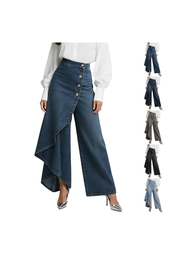 Women's Asymmetrical Skirt Overlay Wide Leg Jeans High Waisted Button Detail Denim Pants with Wrap Skirt Light Blue