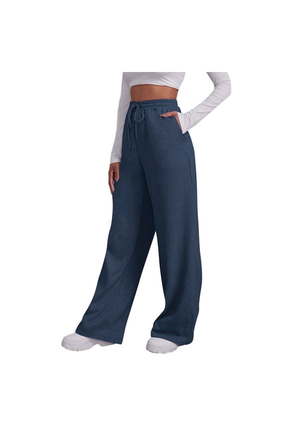 Women's Baggy Sweatpants with Pockets Wide Leg High Waisted Drawstring Casual Pants Solid Joggers Gym Workout Pants Navy