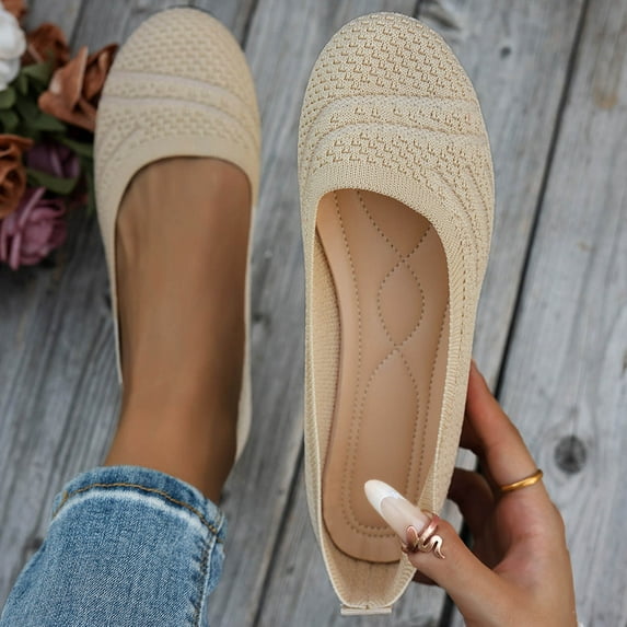 Miluxas Women's Ballet Flat Dressy Casual Knit Shoes Round Toe Women Mesh Flats Beige 9(42)