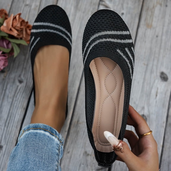Miluxas Women's Ballet Flat Dressy Casual Knit Shoes Round Toe Women Mesh Flats Black 9.5(43)