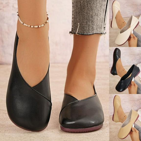 Miluxas Women’s Ballet Flat Shoes Dress Shoes Retro Solid Color Round Toe Slip on Ballerina Flats for Woman Low Wedge Comfort Soft Khaki 9.5(43)