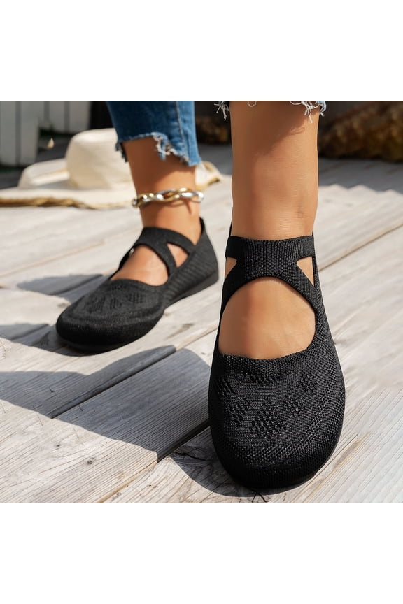 Women’s Ballet Flat Shoes Knit Dress Round Toe Slip On Breathable Classic Hollowed Out Walking Comfortable Casual Soft Shoes Black 7(39)